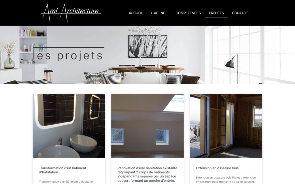 Page « Projets » du site de AML Architecture réalisé par Publipost