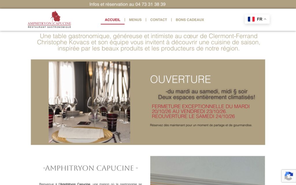 Page d'accueil du site de Amphitryon Capucine réalisé par Publipost
