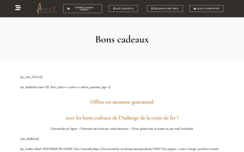 Page « Bons cadeaux » du site de Auberge La Croix de Fer réalisé par Publipost