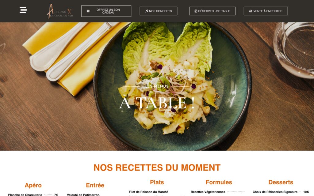 Page « Menus » du site de Auberge La Croix de Fer réalisé par Publipost