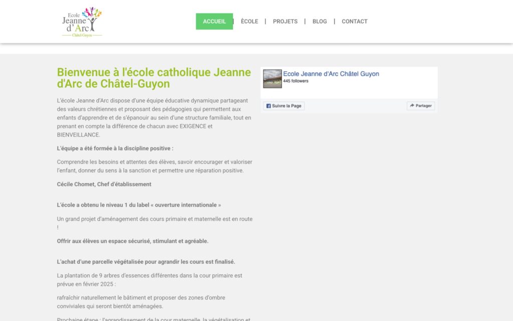 Page d'accueil du site de École Jeanne d'Arc réalisé par Publipost