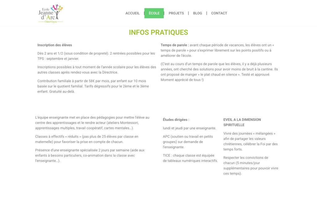 Page « Ecole » du site de École Jeanne d'Arc réalisé par Publipost