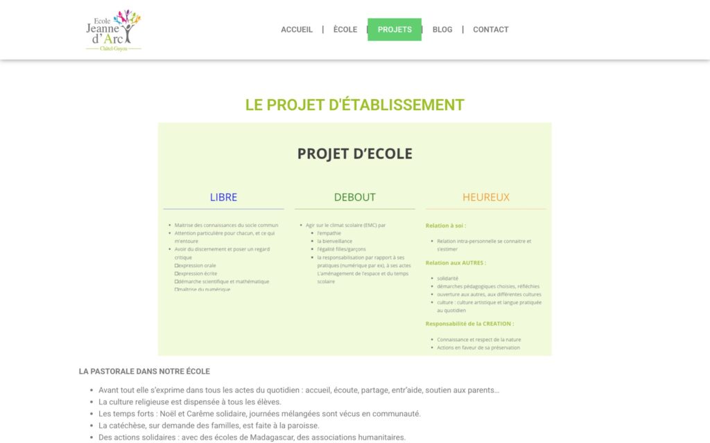 Page « Projets » du site de École Jeanne d'Arc réalisé par Publipost