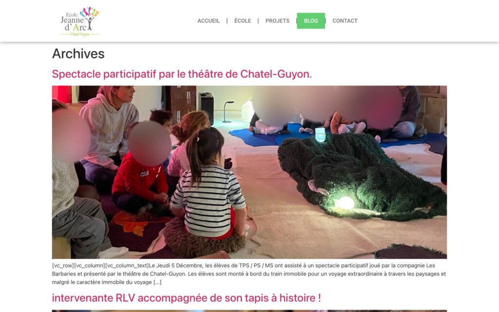 Page « Blog » du site de École Jeanne d'Arc réalisé par Publipost