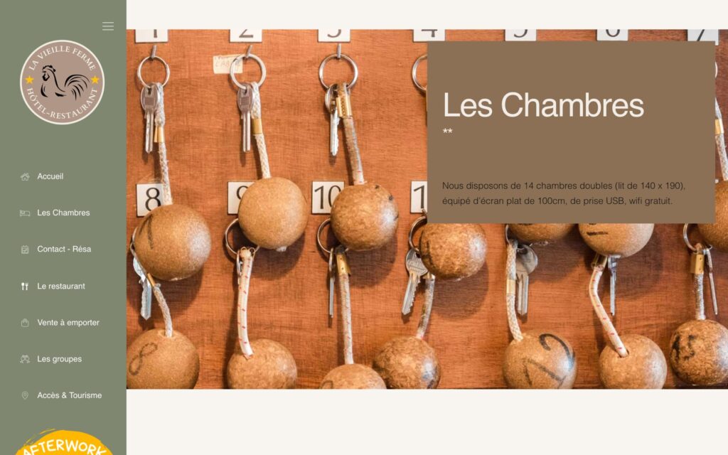 Page « Les chambres » du site de Hôtel La Vieille Ferme réalisé par Publipost