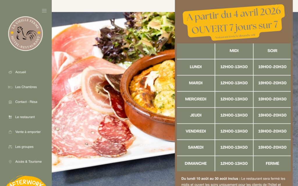 Page « Le restaurant » du site de Hôtel La Vieille Ferme réalisé par Publipost