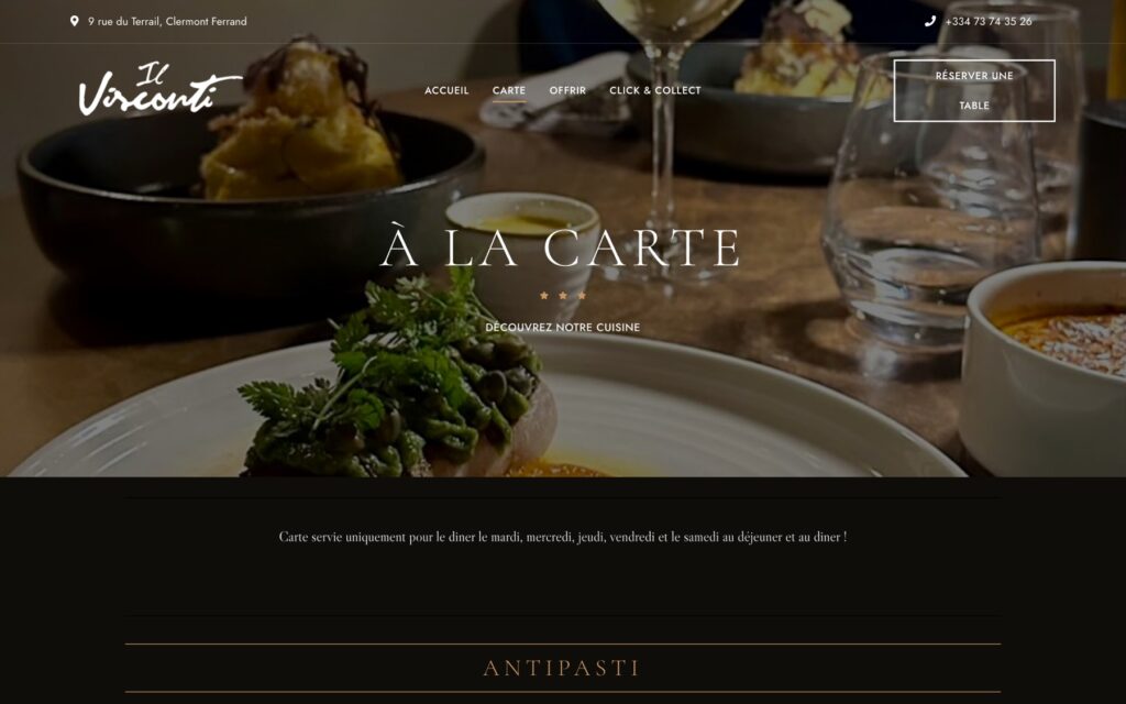 Page « Menus » du site de Il Visconti réalisé par Publipost