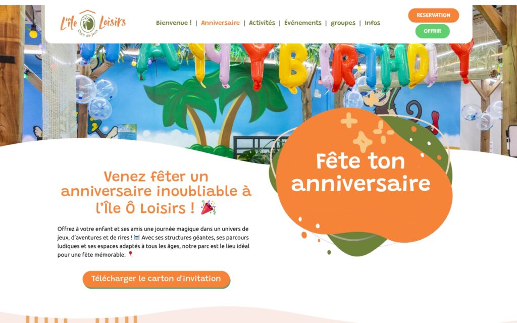 Page « Anniversaire » du site de L'Île Ô Loisirs réalisé par Publipost