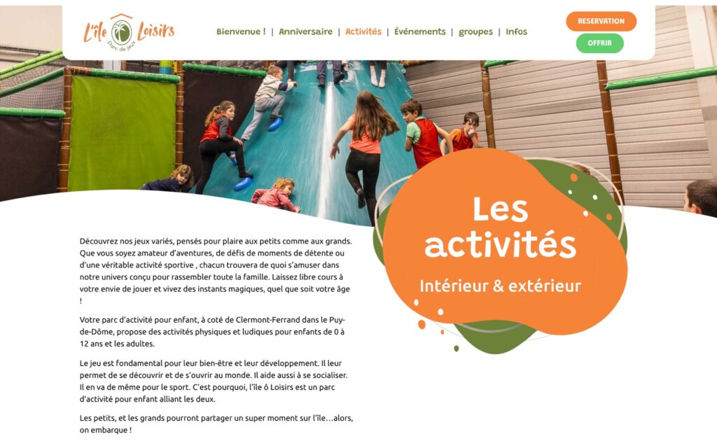 Page « Activites » du site de L'Île Ô Loisirs réalisé par Publipost