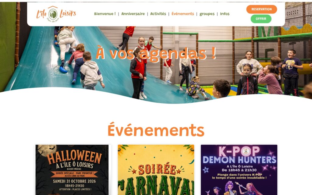 Page « Evennements » du site de L'Île Ô Loisirs réalisé par Publipost
