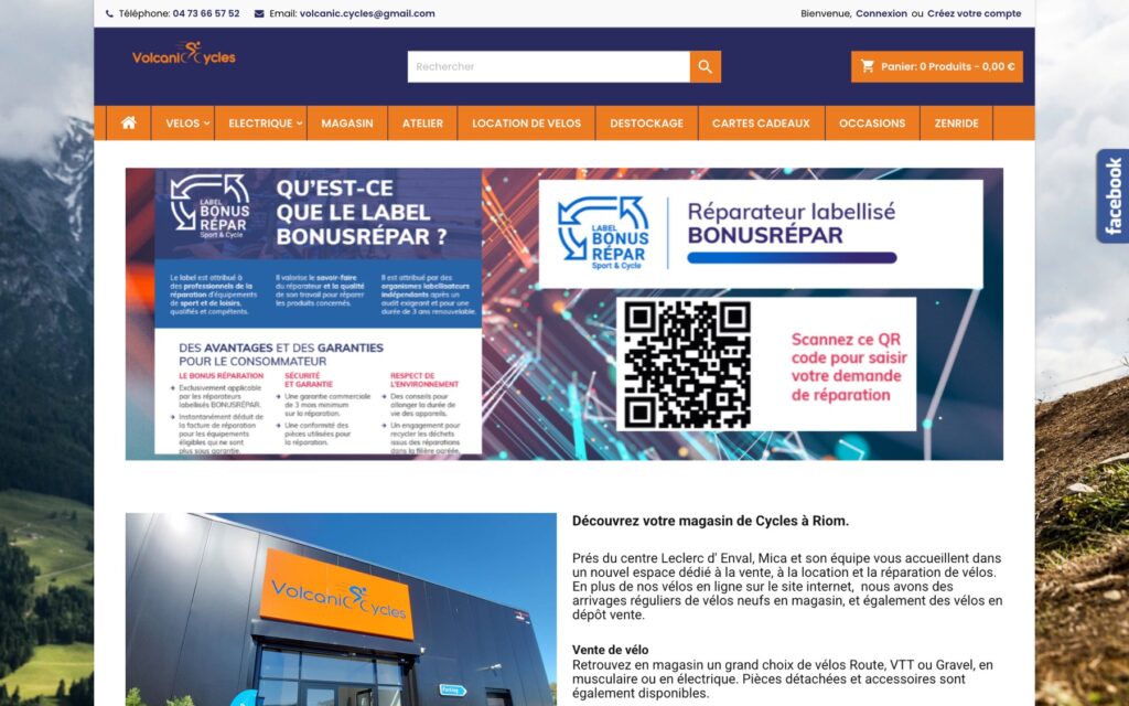 Page d'accueil du site de Volcanic Cycles réalisé par Publipost